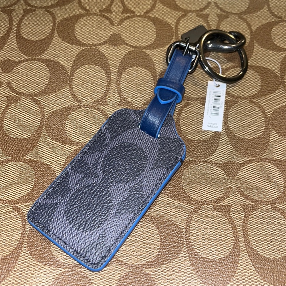 Coach New York Signature Luggage Tag blue charcoal new Key Ring Key FOB keyring